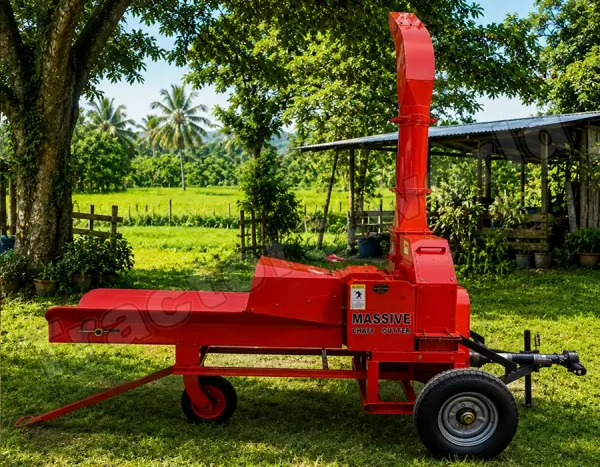 Red Massive Chaff Cutter mounted on a trailer in a rural farm setting with green grass and trees edges and a shed in the background.