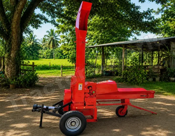 Red agricultural baler-like machine on a dirt yard with a vertical chute and trailer wheels, ready for use on a farm